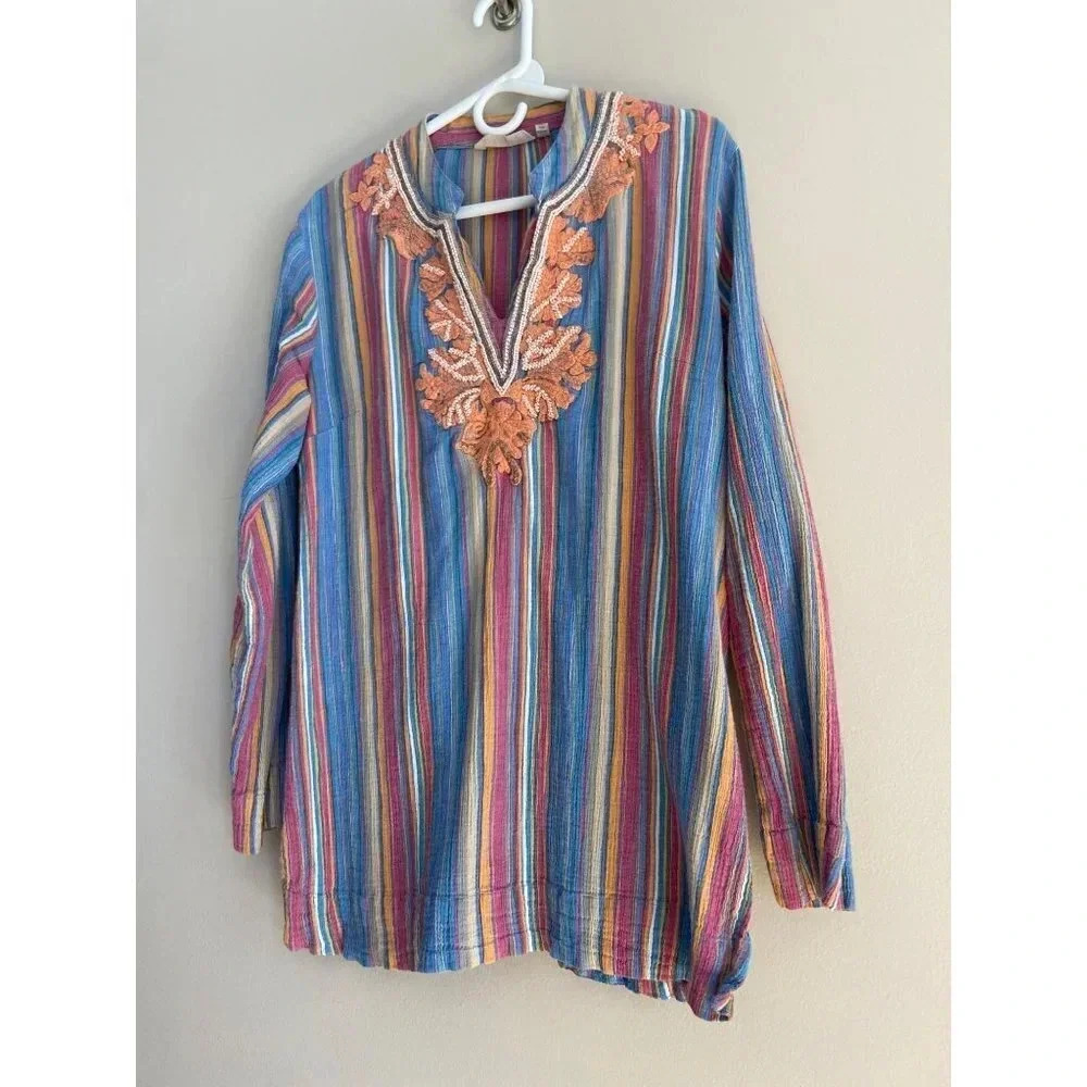 Soft Surroundings Colorful Embroidered V-Neck Bohemian Tunic Top Size Medium - Picture 2 of 12